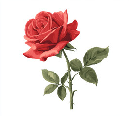 Beautiful red rose stands elegantly, showcasing its vibrant petals and lush green leaves. This illustration captures essence of romance and nature beauty, perfect for various designs