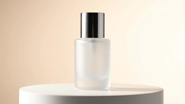 A pristine frosted glass spray bottle with a sleek metallic cap, presented on a minimalist white pedestal against a soft, gradient background, ideal for showcasing skincare or cosmetic products