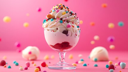 Giant ice cream sundae with colorful toppings on vibrant pink table cheerful mood