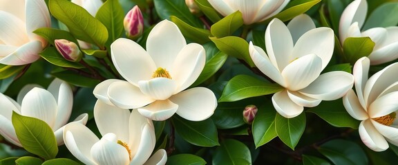 Elegant magnolia blossom pattern, delicate petals and lush green leaves, nature, pastel