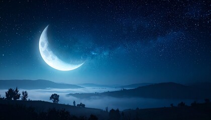 Fototapeta premium Serene night landscape during Ramadhan with crescent moon shining brightly over misty mountains and silhouetted trees under a starry sky