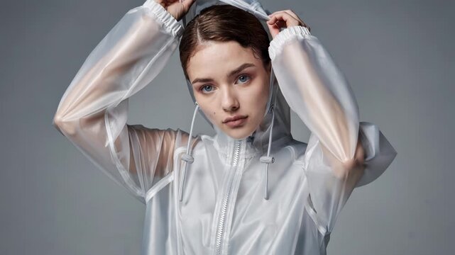 Translucent girls raincoat hood medium shot emphasizing semitransparent material subtle seam taping and flexible drawcords creating a modern lightweight rainwear look.