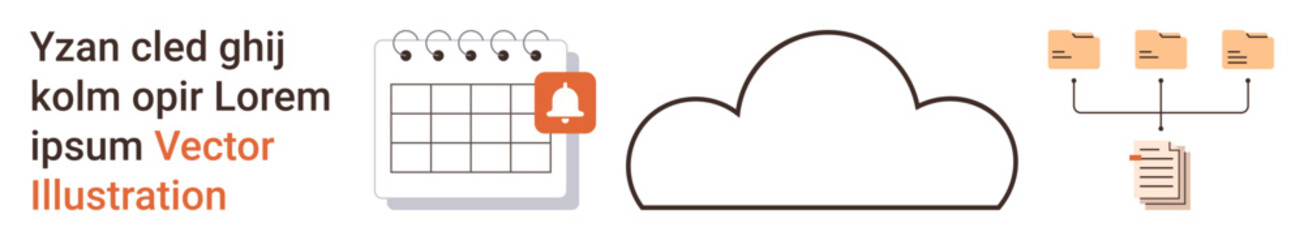 Fototapeta premium Data organization, cloud storage, scheduling, digital reminders, workflow management, file sharing. Calendar with bell icon, cloud and file hierarchy. Data organization and cloud storage concept