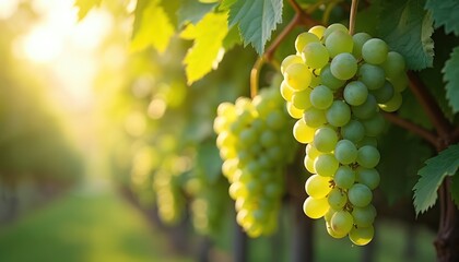 Naklejka premium Green grape clusters hang from vine in vineyard. Sunlight shines through translucent fruit. Healthy food grows on plant. Agriculture harvest in garden.