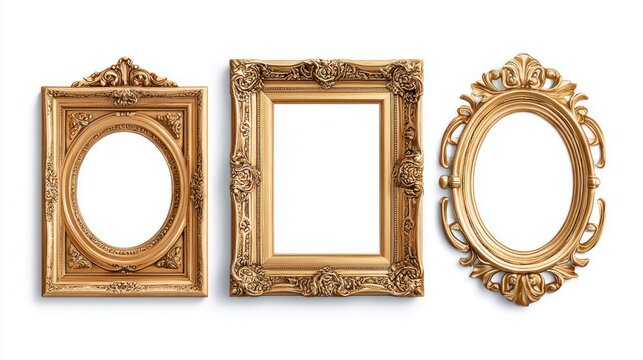 Elegant golden picture frames in various shapes against a clean white background