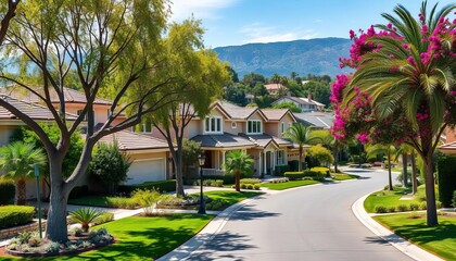 Obraz premium Upscale Costa Mesa homes, tree-lined streets, lush landscaping, neighborhood, sunlight