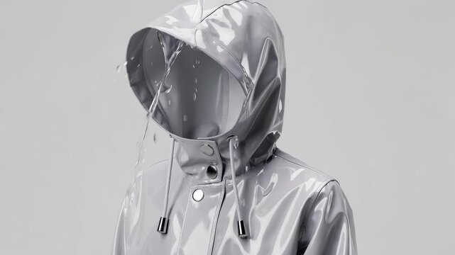 Glossy girls raincoat hood in medium shot showcasing sleek waterresistant surface shiny drawcord ends and precise seam taping for stylish wetweather wear.