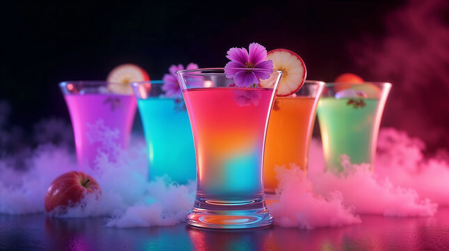 Vibrant multi colored cocktails with dry ice smoke and floral garnishes in a dark neon bar setting