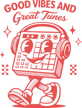 Good Vibes and Great Tunes Retro DJ Drum Machine Mascot &ndash; Vintage Groovy Cartoon T-Shirt Design