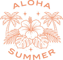 Obraz premium Aloha Summer Tropical Hibiscus and Palm Trees – Retro Vintage Hawaiian Beach T-Shirt Design Vector