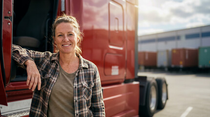 Fototapeta premium portrait of a truck driver, a smiling woman by the open door of a truck, copy space for a text message for Labor Day or International Women's Day