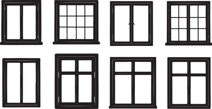 Collection of various black window frames on white background