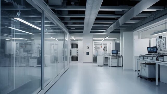 Clean modern laboratory interior with sterile controlled environment, advanced equipment and automation for scientific research, biotech and high tech industrial testing and development