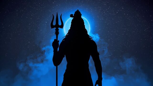 Majestic silhouette of Lord Shiva holding a trident weapon against a vast deep indigo starry night sky background for religious video
