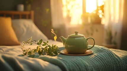 Green tea in a ceramic pot velvet blanket and tranquil sunset light in a bedroom