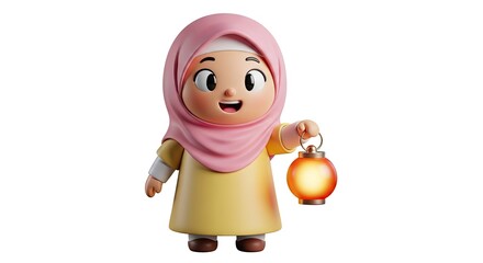 Little girl in pink hijab holding a round orange lantern