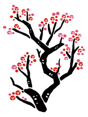 Woodcut Style Plum Blossom Branch Vector Illustration | Japanese Botanical Art