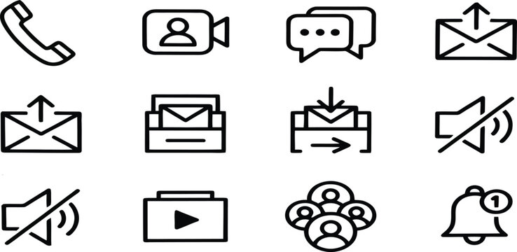 Communication and contact line icon set isolated on white background. Collection of interface symbols including phone call, video chat, email envelope, mute sound, and notification bell
