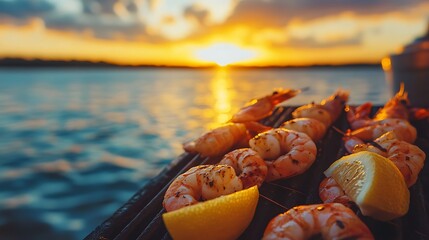 Grilled shrimp skewers with lemon wedges sunset by the lake
