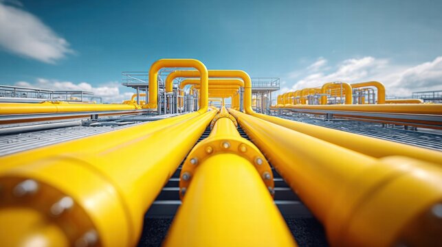 Industrial infrastructure with yellow pipelines against a blue sky