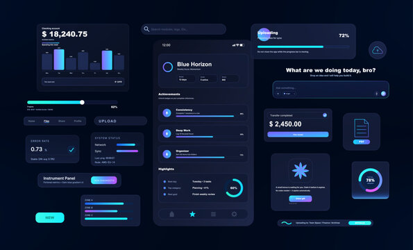 Futuristic dark mobile App screen with with many widgets. UI, UX mobile phone application. Analytics dashboards, CRM, KPIs, charts, key metrics, upload progress. Vector mobile phone app with UI, UX