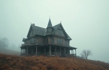 Fototapeta premium Old victorian house sits on foggy hill. Dilapidated wooden structure with peeling paint, broken windows. Overgrown vegetation surrounds desolate gothic architecture. Eerie mist creates mystery