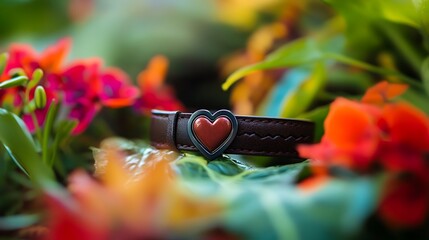 A leather bracelet with a heart-shaped centerpiece rests delicately amidst a vibrant tapestry of garden flora