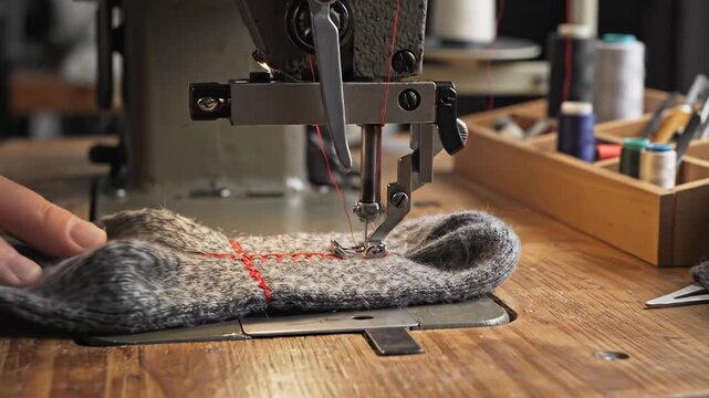 Close-up of sewing machine stitching red thread on gray sock, hand guiding fabric, wooden table with sewing supplies and spools in the background
