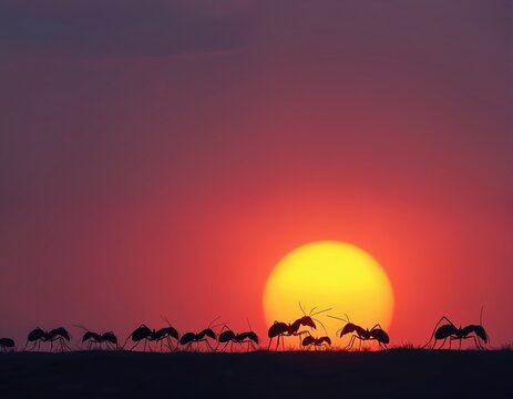 Line of ants walk across horizon at vibrant sunset. Insect group moves together on grassy ground against bright sun and warm sky. Teamwork concept.