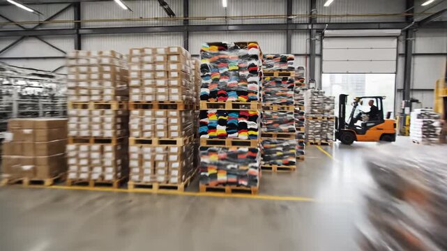Warehouse interior showcasing stacks of colorful clothing and boxes, with machinery and a forklift visible, illustrating the flow of goods in a textile distribution center