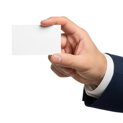 Fototapeta premium A hand in a suit holding a blank white card