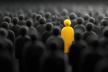 Fototapeta premium crowd of black people with a single unique yellow figure standing out of the people masses showing difference, individuality and creative idea competition