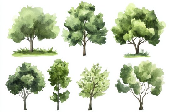 Set of green trees and plants for landscape elevations in eco environment design with watercolor style