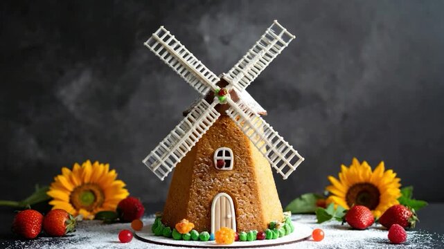 A whimsical gingerbread windmill with decor, strawberries, and sunflowers