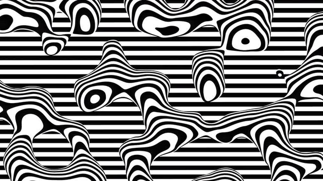 black and white wavy pattern tileable looping abstract background with undulating stripes creating optical illusion and depth effect highcontrast monochrome