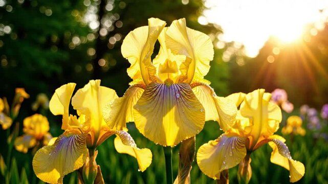 Beautiful yellow irises in bloom with the bright golden sun shining through the green garden flowers