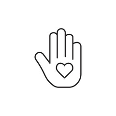 Obraz premium Outline icon of an open hand with a heart symbol in the palm representing care, charity, donation, help, love, and humanitarian support. Minimalist line art vector illustration.