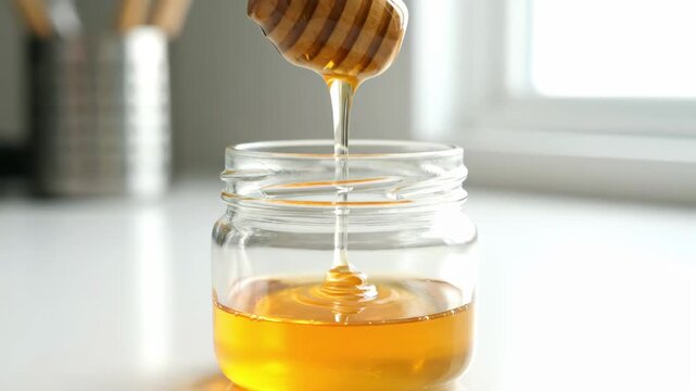 ガラス瓶にゆっくりと滴る黄金色のハチミツ（健康・朝食・自然食品・ハニーディッパー）