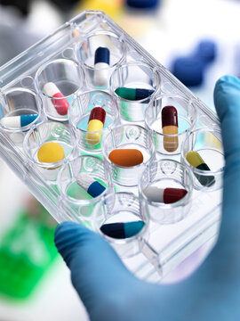 Pharmaceutical Research, Scientist holding a multi well plate containing drugs to be tested in the laboratory