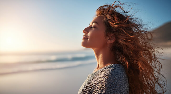 A peaceful young woman with windblown curly hair smiles with closed eyes against a coastal sunset background.