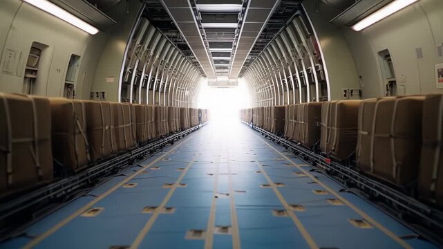 Cargo plane interior from rear, rows of palletized boxes along the fuselage leading to a bright exit, conveying efficient global air freight, logistics and shipment readiness