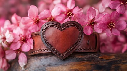 A captivating close up of a handcrafted leather belt adorned with a heart shaped buckle nestled amidst delicate pink blossoms