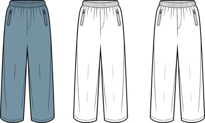 Blue and white elastic waist pants technical flat with zippered pockets and stitching details © Asad Creative