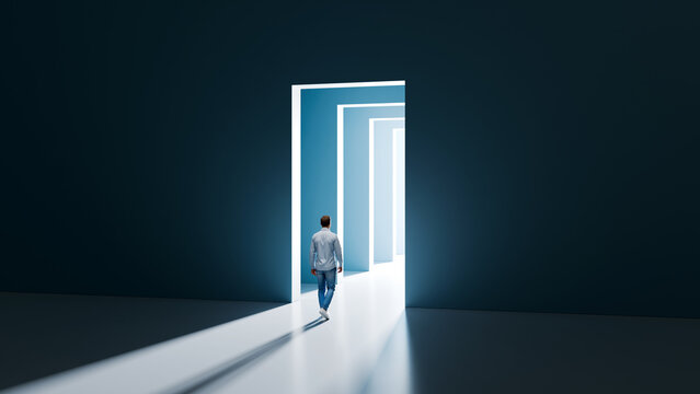 Man walking through multiple glowing doorways representing sequential career milestones and continuous professional progress, 3d render