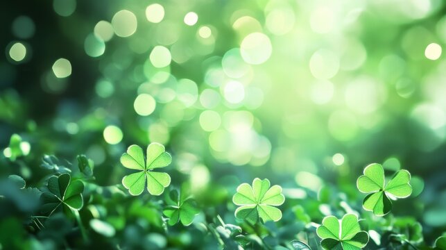 Clover confetti on St. Patrick's Day with green bokeh background creating a festive scene