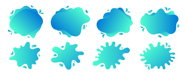 Blue water splash frame with gradient on white background. Abstract liquid wave shape and drops set design.