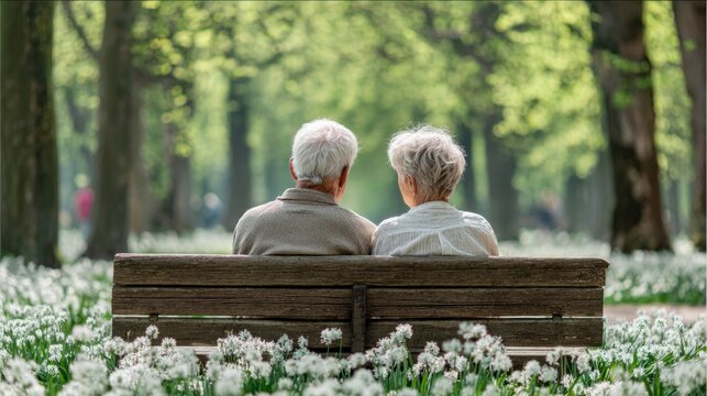 Senior couple enjoying a peaceful moment together on a park bench