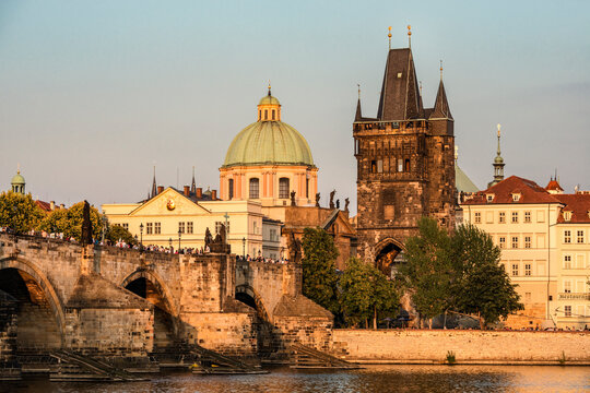 Czechia, Prague, Old town, Charles Bridge, Church of St Francis and Old Town Bridge Tower in the evening