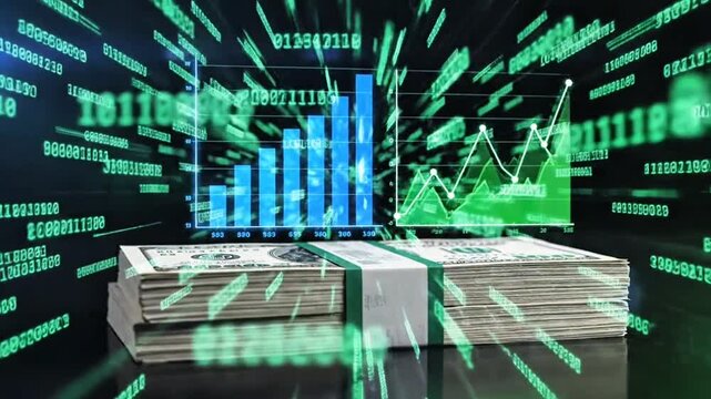 Digital Financial Growth Charts Above US Dollar Stacks Binary Data