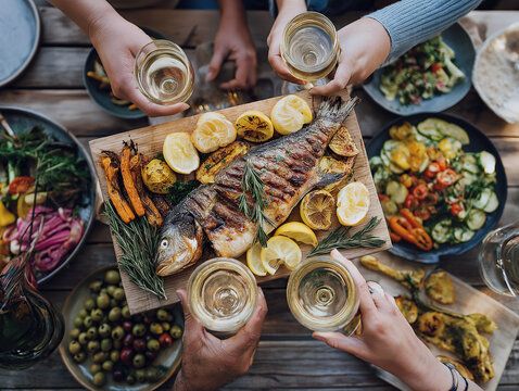 Several people raise glasses of white wine for a toast over a wooden table filled with grilled fish and vegetables.